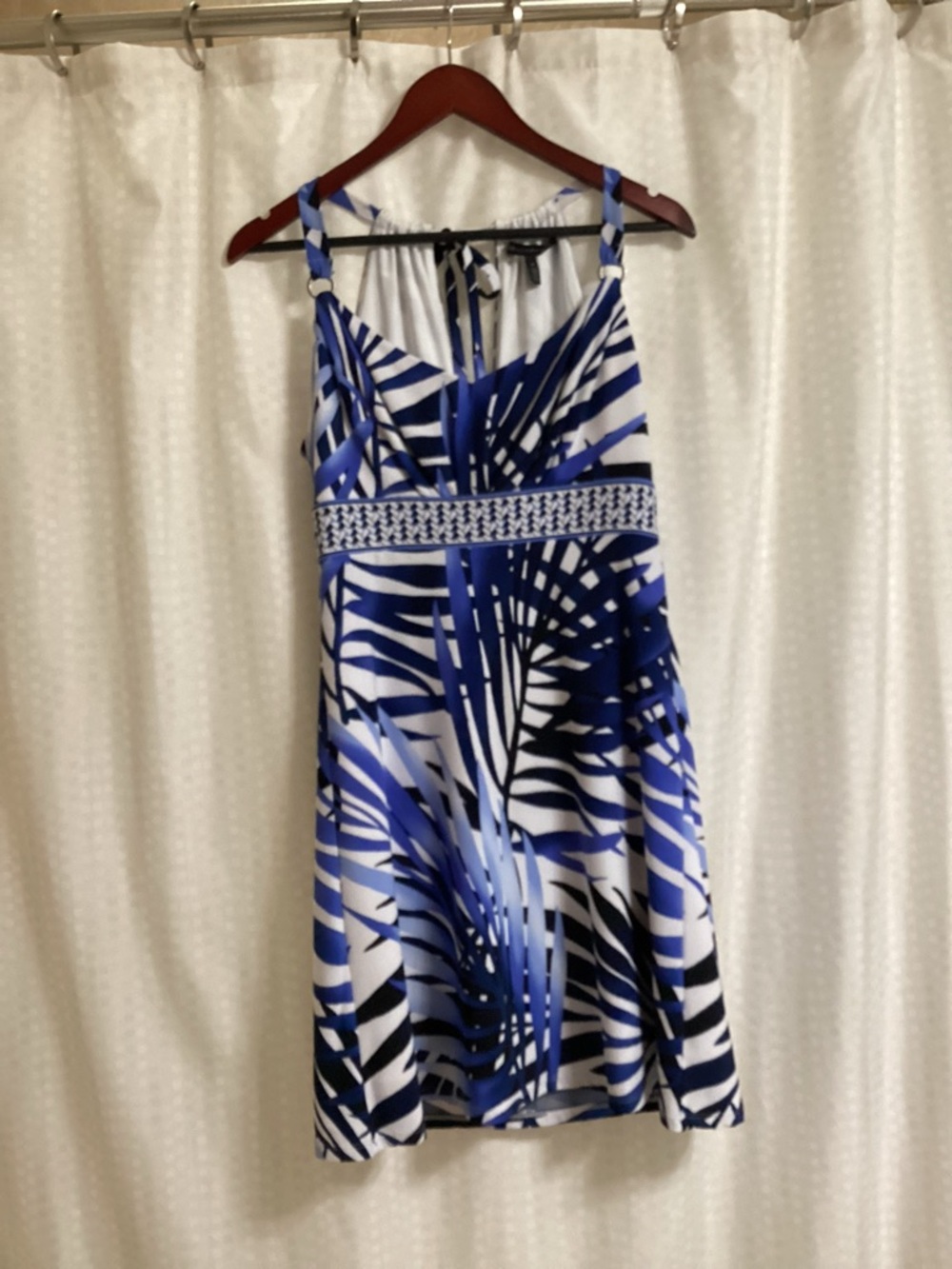 White House Black Market Blue and White Palm-Print Camisole Dress